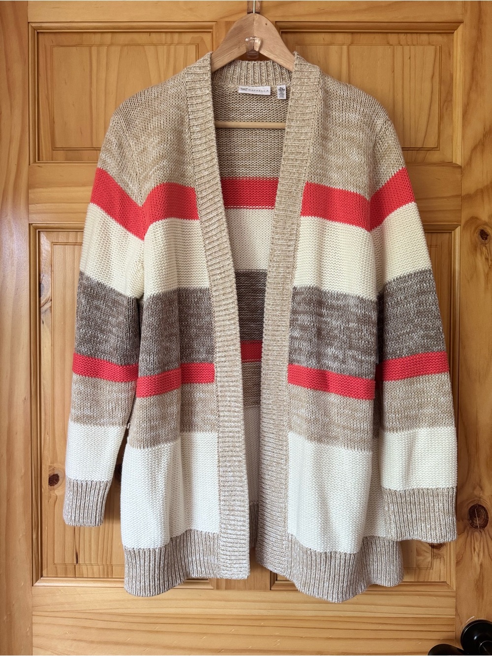 Cozy Rafaella Open-Front Striped Cardigan Sweater in Tan, Cream & Coral size XL